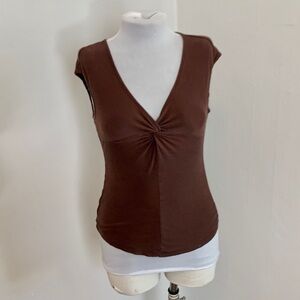 VTG Lipsy chocolate Brown Y2k 2000s Soft Cap Sleeve Top Twist Front sexy thin